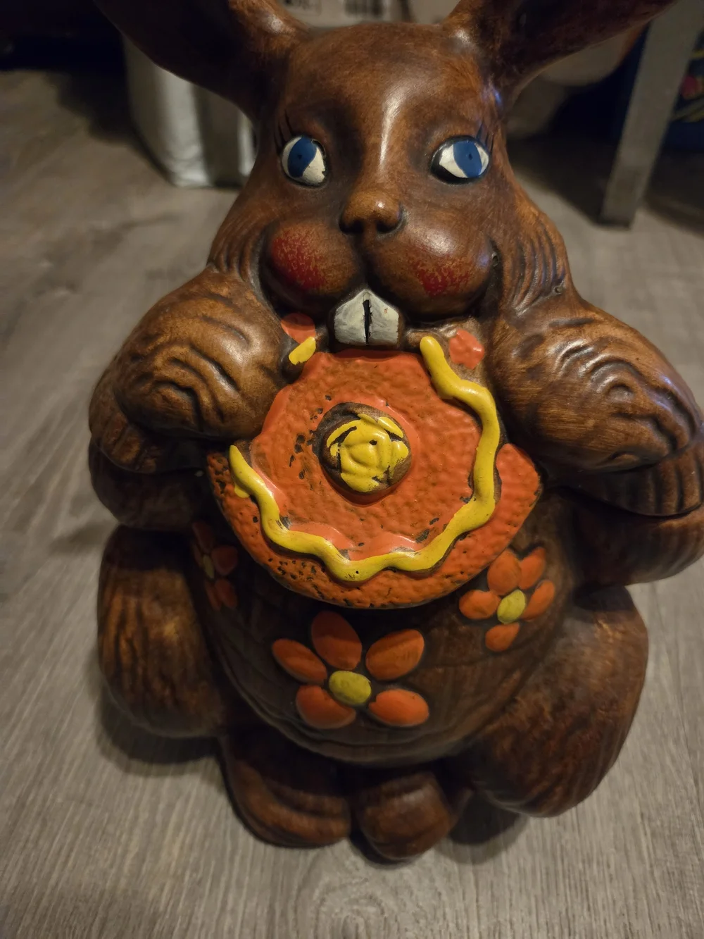 Vintage Brown Bunny Cookie Jar with Orange Flower Decorative Accent